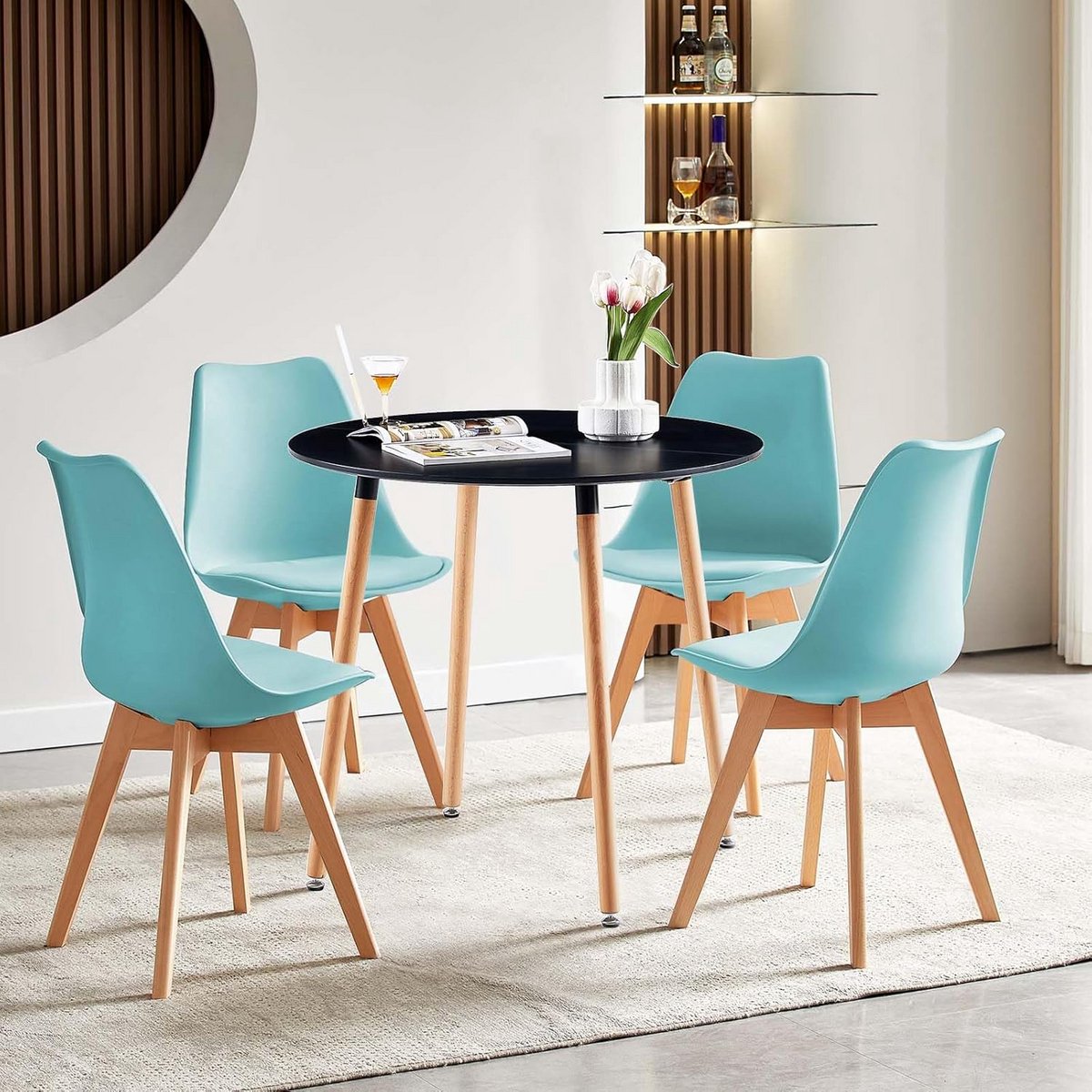 Ronde Eetkamerset Tafel met 4 Scandinavische Stoelen voor 4 Personen - Zwart/Lichtblauw