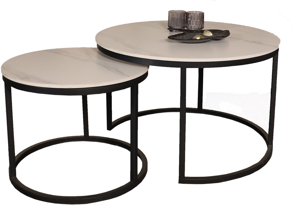 Salontafel rond 2delig marmerlook Bero wit side table steen bijzettafel