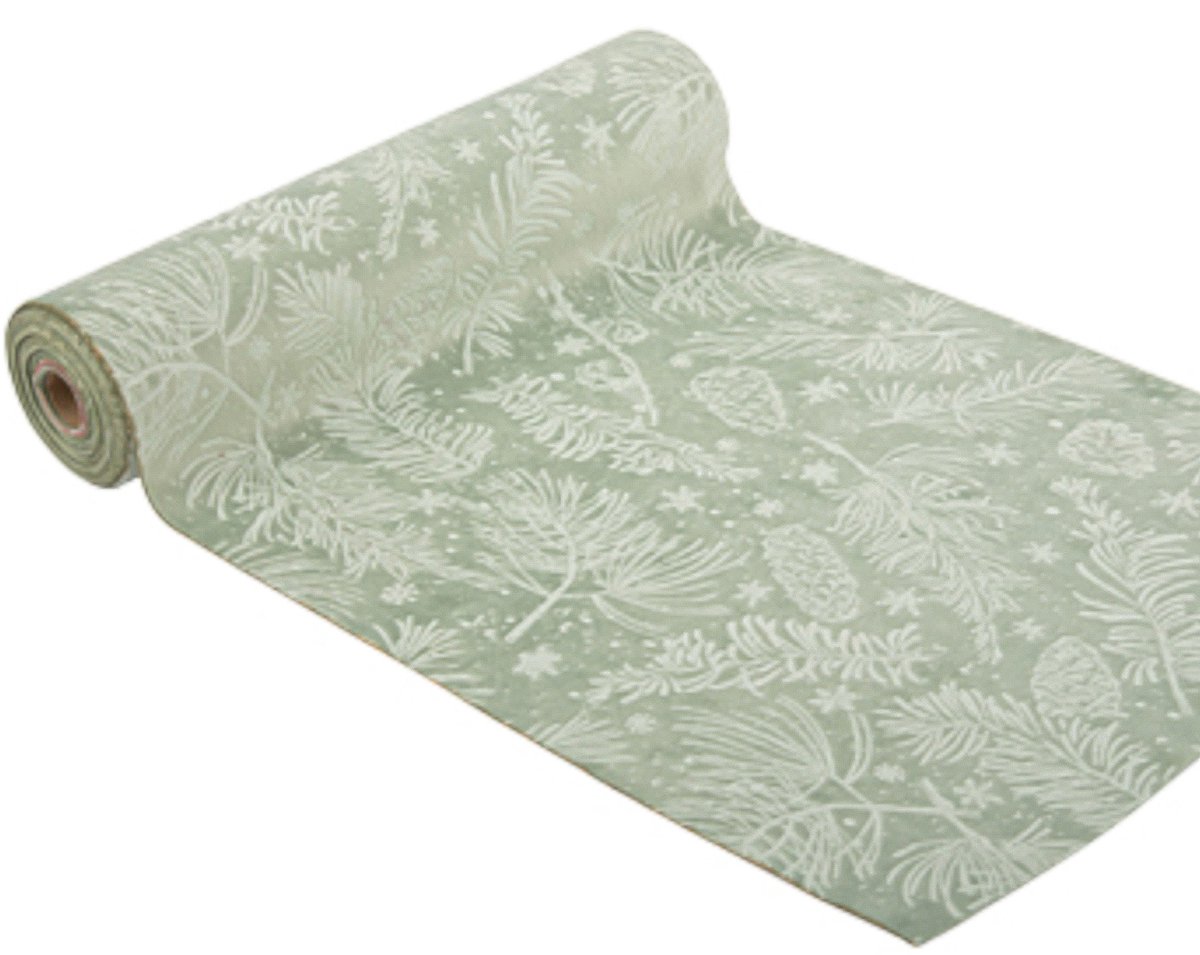 ARTYFETES - Botanische kerst tafelloper saliegroen 28cm x 3m met bloemmotieven