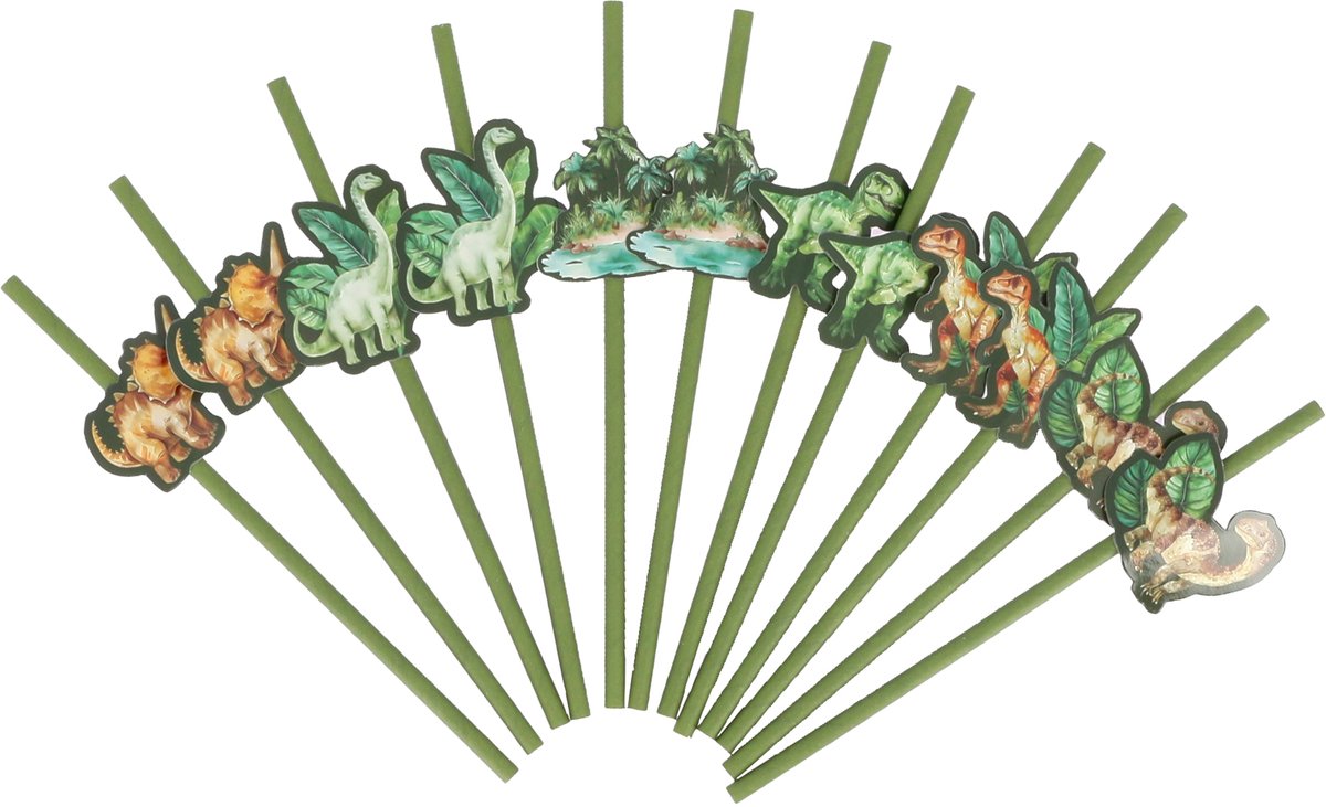 ARTYFETES - 12 groene papieren dinosaurus rietjes 19,5 cm voor kinderfeestje