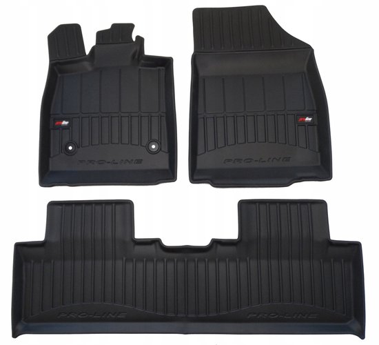 Drie zwarte Proline 3D automatten met opstaande randen en ribbelpatroon.