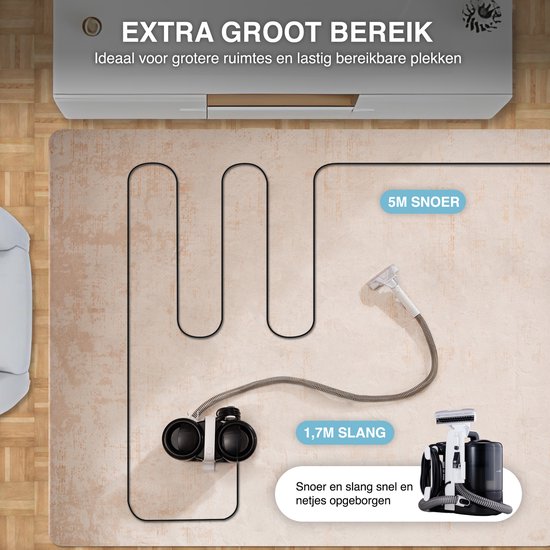 Swiftvein Vortex tapijtreiniger met 5m snoer en 1.7m slang voor extra groot bereik. Ideaal voor grote ruimtes en lastig bereikbare plekken. Snoer en slang netjes opgeborgen.