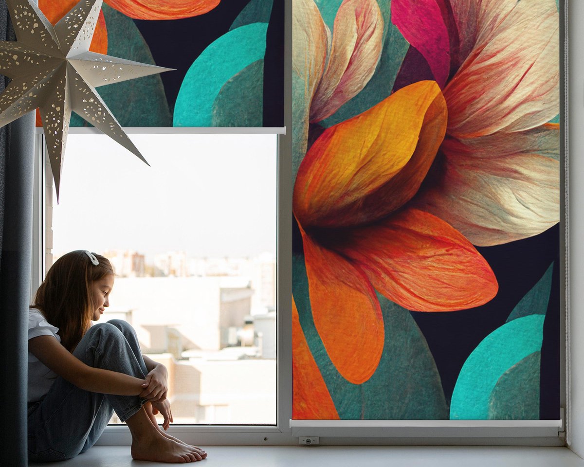 Coloray Rolgordijn Lichtfilterend - Bloemen in Abstractie Rolgordijn Lichtfilterend - 90x140 cm - Oranje Rolgordijn Met Kettingbediening - Abstracties Rolgordijn Wandmontage - Lichtdoorlatend Rolgordijn Woonkamer