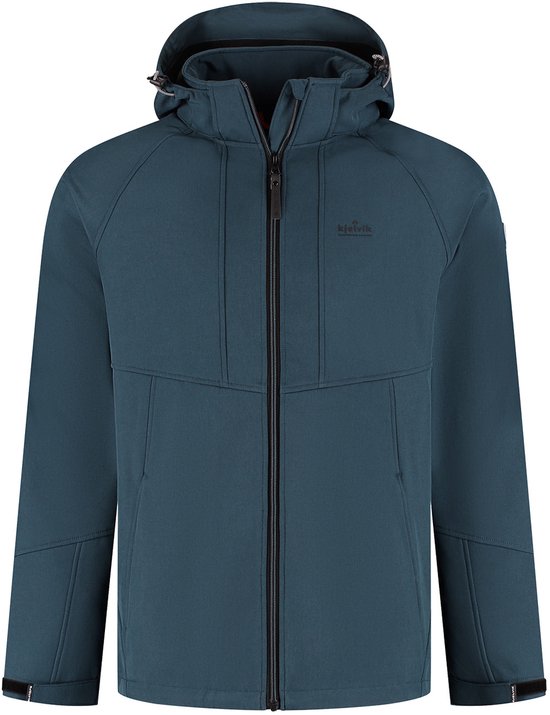 Blauwe Kjelvik outdoorjas met capuchon en ritssluiting.