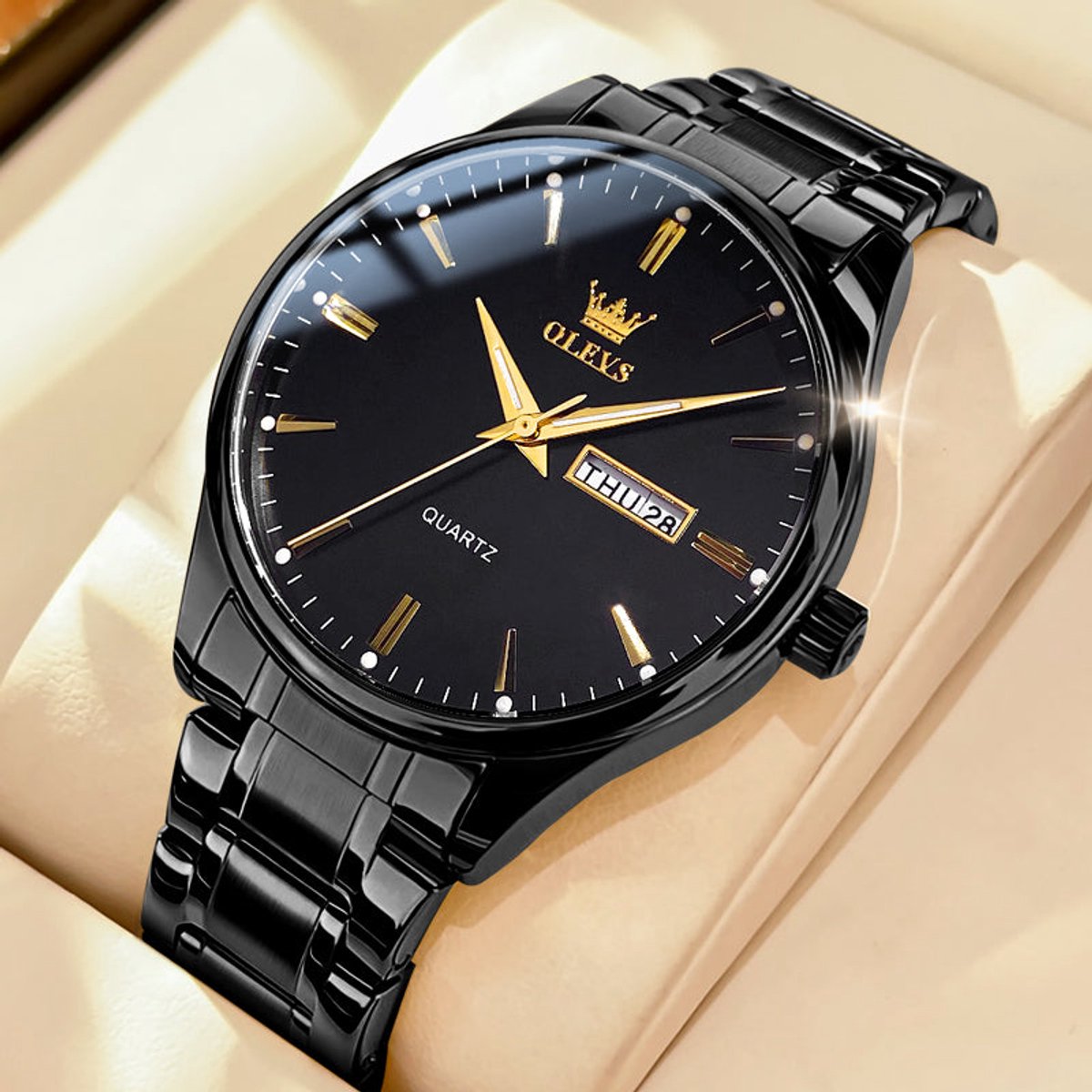 HO-6898.zw : Olevs basic zwart edelstaal quartz horloge, dagnaam, kalenderdag