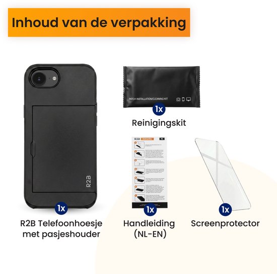 Contenu de l'emballage : coque R2B noire avec porte-cartes, kit de nettoyage et protecteur d'écran.