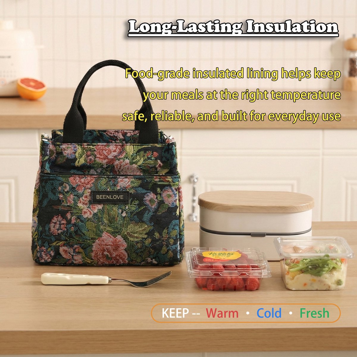 Rainbecom - Koeltassen Lunchtas 5,5L Geïsoleerd - Lunch tas Dames & Heren - 22x13.5x19.5 cm Lunchbag voor Werk & School - Koeltas Waterafstotend Polyester - Grote Opening met Rits - Zwart Vintage Rozen — cadeau in Cadeau-ideeën - foto 5