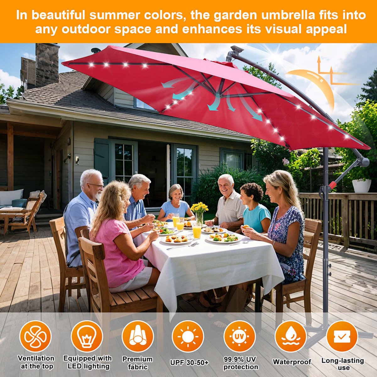 Zweefparasols - 350CM - Solar LED Verlichting 32x Wit - UV 50+ bescherming (blokkeert 98% UV) - Multi-angle Kantelbaar & Draaibaar - Windbestendig frame 8 Ribben - Incl. Kruisvoet - Waterafstotend doek Rood – foto 6