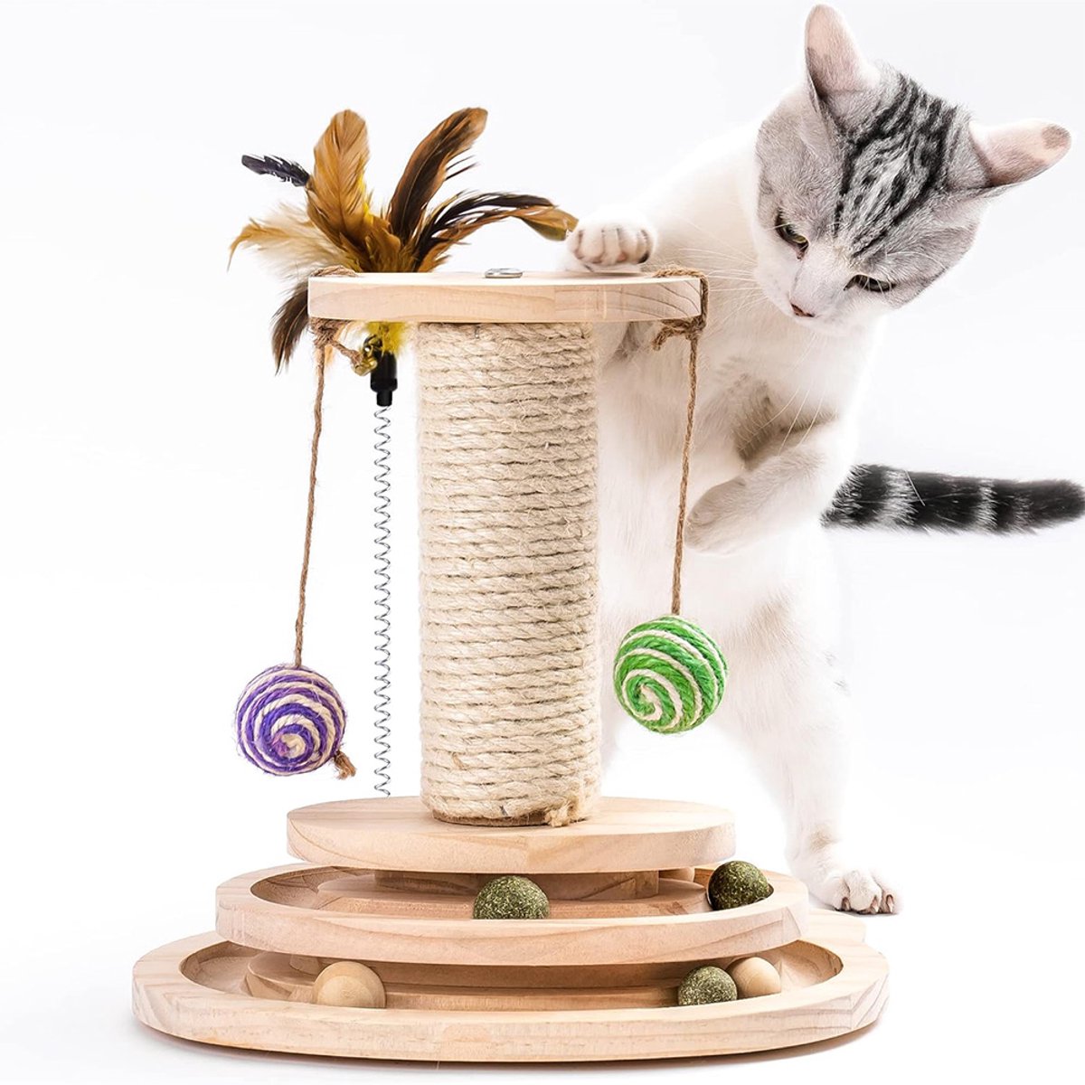 Krabpaal voor Katten - Massief hout - Drielagig Draaiend Element - Met Kattenspeeltje - 3-in-1 Speelbal voor Kittens - Draaiend Element + Krabpaal + Speelbal + Hangbal