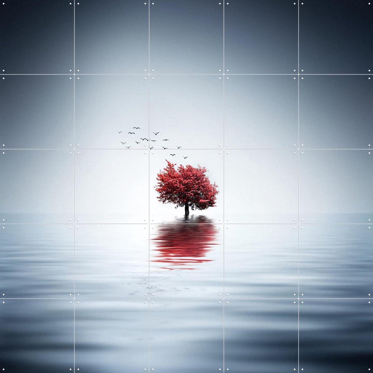 IXXI Autumn Tree reflected in Blue Lake, Bess Hamiti & Various - 100 x 100 cm - Gratis ophangtool - Grote wanddecoratie en posters - Minimalisme