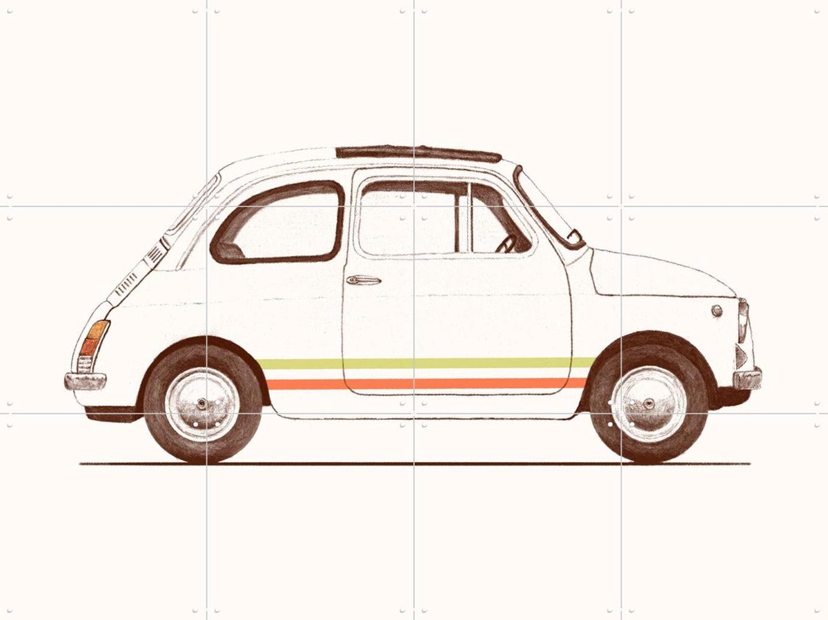 IXXI Fiat 500, Florent Bodart - 80 x 60 cm - Gratis ophangtool - Grote wanddecoratie en posters - Vintage, Line art, Retro, Illustraties, Grafisch