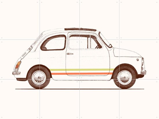 Fiat 500 blanche avec des rayures orange, vertes et jaunes sur le côté, dessinée en lignes brunes.