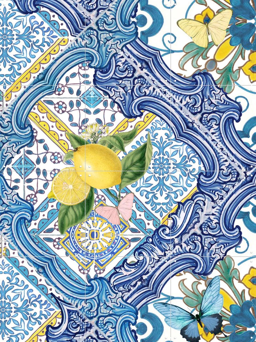 IXXI Mediterranean tiles and lemons blue I, Bloomery Decor - 60 x 80 cm - Gratis ophangtool - Grote wanddecoratie en posters - Kleurrijk, Ornamenteel