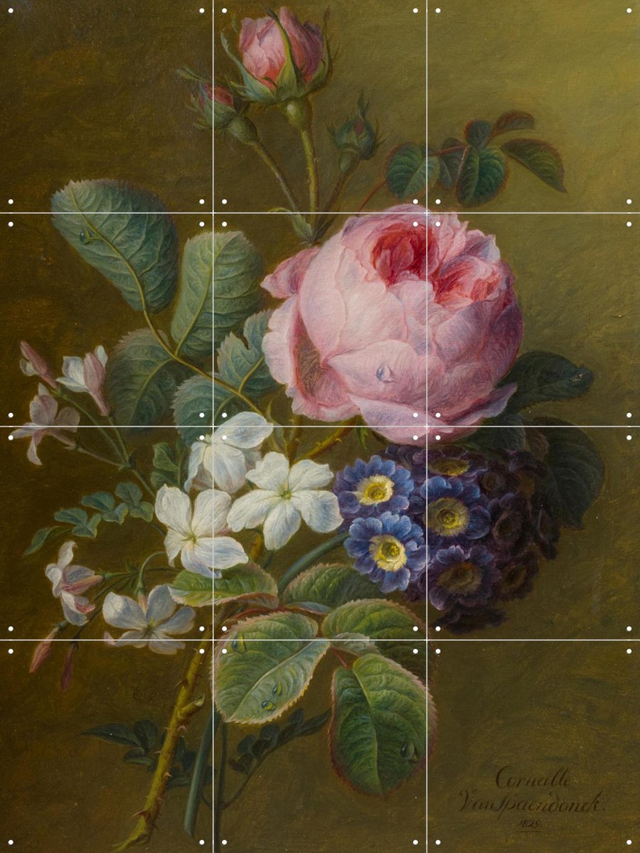 IXXI Boeket van oude rozen, jasmijn en sleutelbloemen, Gerard van Spaendonck & Het Noordbrabants Museum - 60 x 80 cm - Gratis ophangtool - Grote