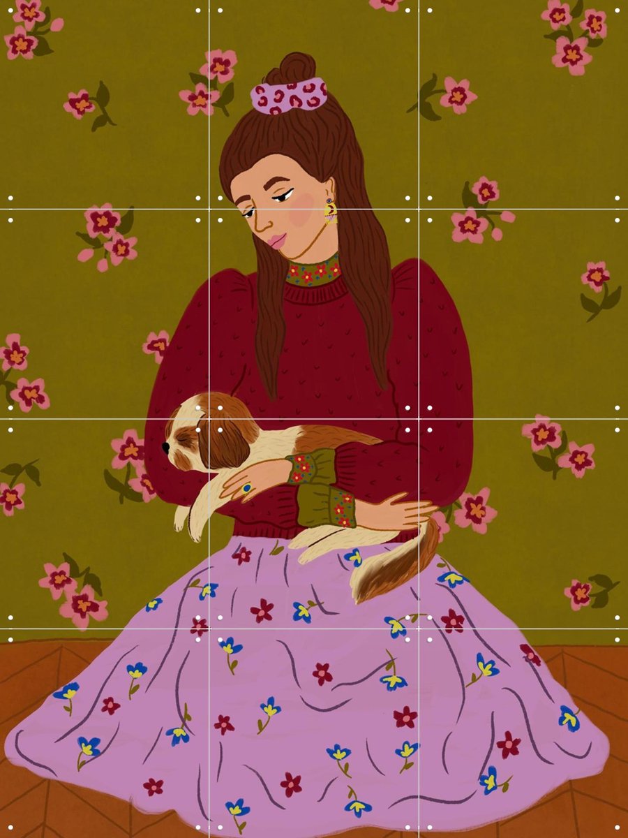 IXXI Huisdiergeluk, Kirsten Blom Art & Illustration - 60 x 80 cm - Gratis ophangtool - Grote wanddecoratie en posters - Fantasierijk, Illustraties
