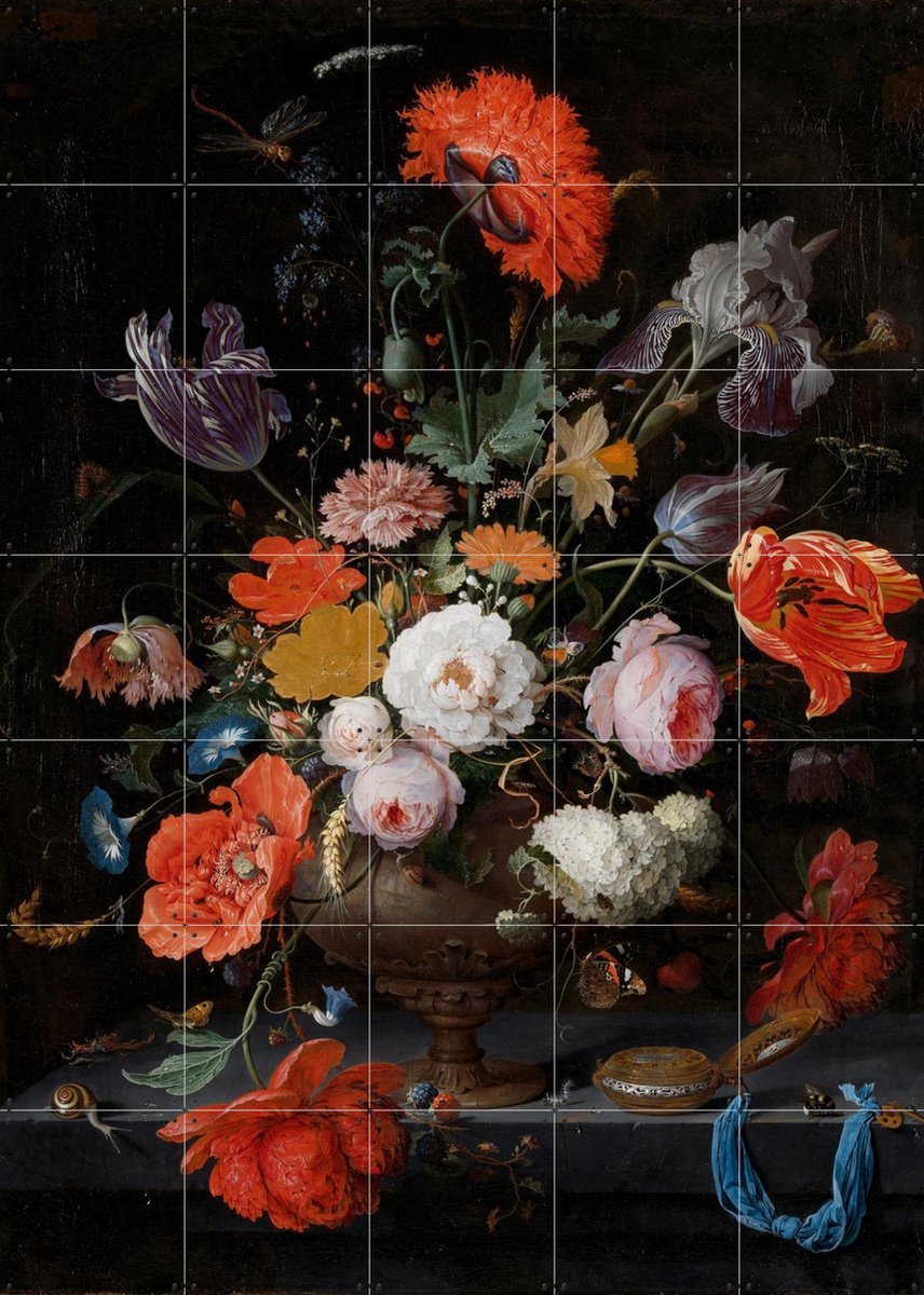 IXXI Stilleven met bloemen en horloge, Abraham Mignon & Rijksmuseum - 100 x 140 cm - Gratis ophangtool - Grote wanddecoratie en posters - Naturalisme