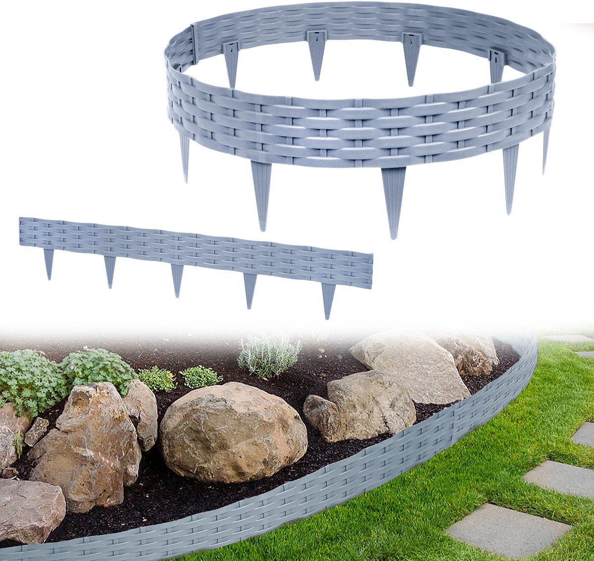 Froadp 15m Grasmaaierrand Bloembedrand Tuinpalisade met 15 Elementen á 100 cm Kunststof Rotan Design Bloembedhek Wilgenhaag Palissades Buisvormig UV-bestendig Weerbestendig Aarde Priem Grijs