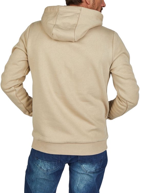 Achterkant van beige hoodie met blauwe capuchonvoering, trekkoord en DENIMFY logo.