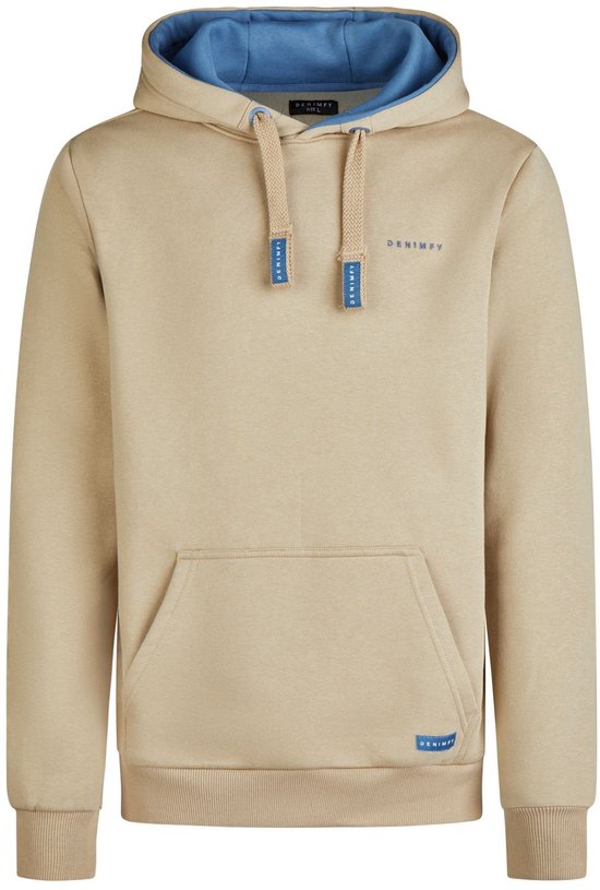 Beige hoodie met blauwe capuchonvoering, trekkoord, kangoeroezak en DENIMFY logo.