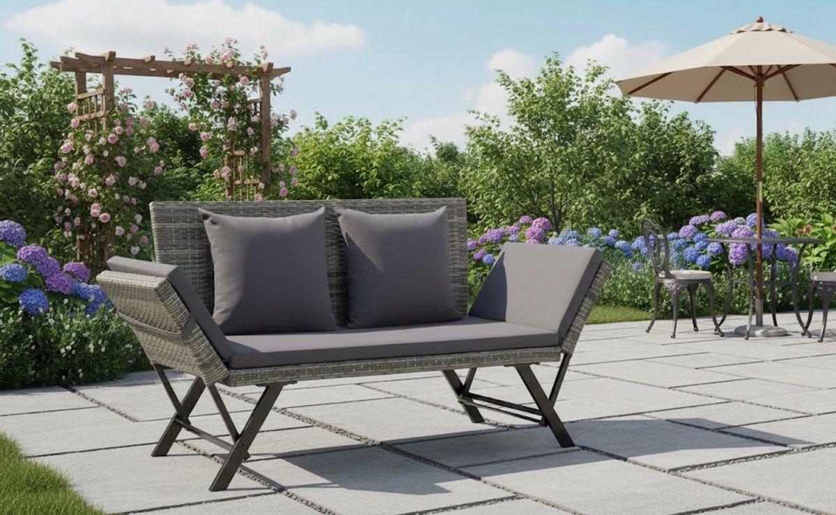 Luxe Poly Rattan Tuinbank & Zonnebed 2-in-1 – Verstelbare Buitenbank met Kussens – Weerbestendig Tuinmeubel voor Tuin, Terras & Balkon – Grijs House&Garden
