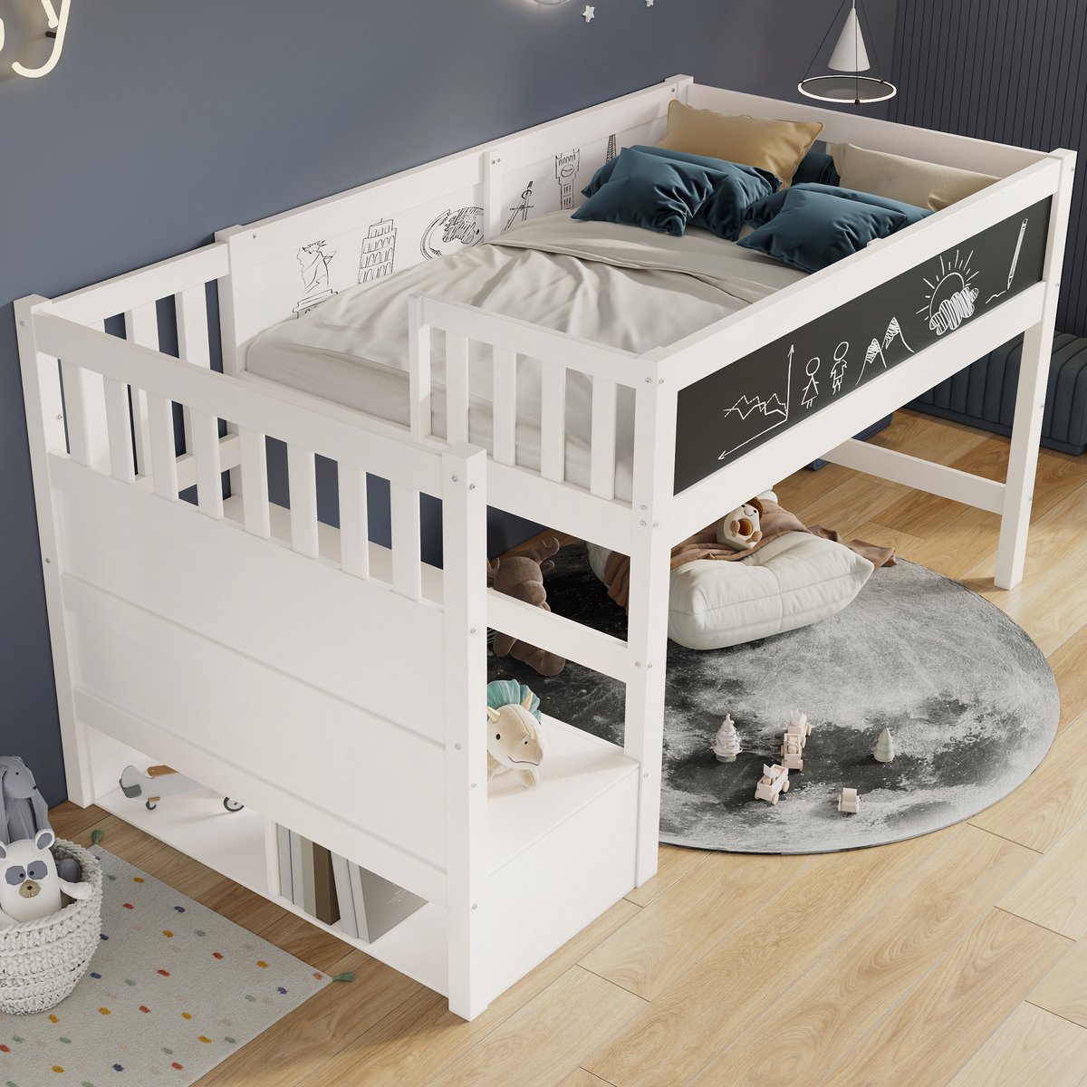 MIVRAY Hoogslaper 90x200cm Zonder Matras - Kinderbed Met Whiteboard En Krijtbord - Met Trapkast En Uitvalbeveiliging - Hout - Wit