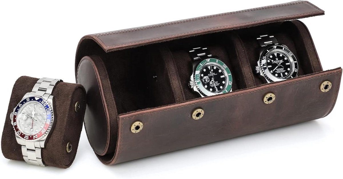 Horloge Opbergdoos - Lederen - Handgemaakt - 3 Horloges - Reizen - Verwijderbare Kussens - Montage Ontwerp - Geschikt voor Merk - Zwart - Horloge Rol Case.