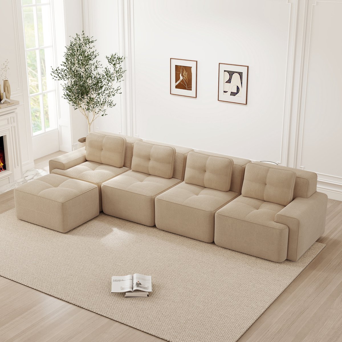 STILVORA Hoekbank 4 Zits - Modulair Diepzitsofa Met Chaise Longue - Antislip Bodem - Voor Woonkamer En Lounge - Ribstof Beige