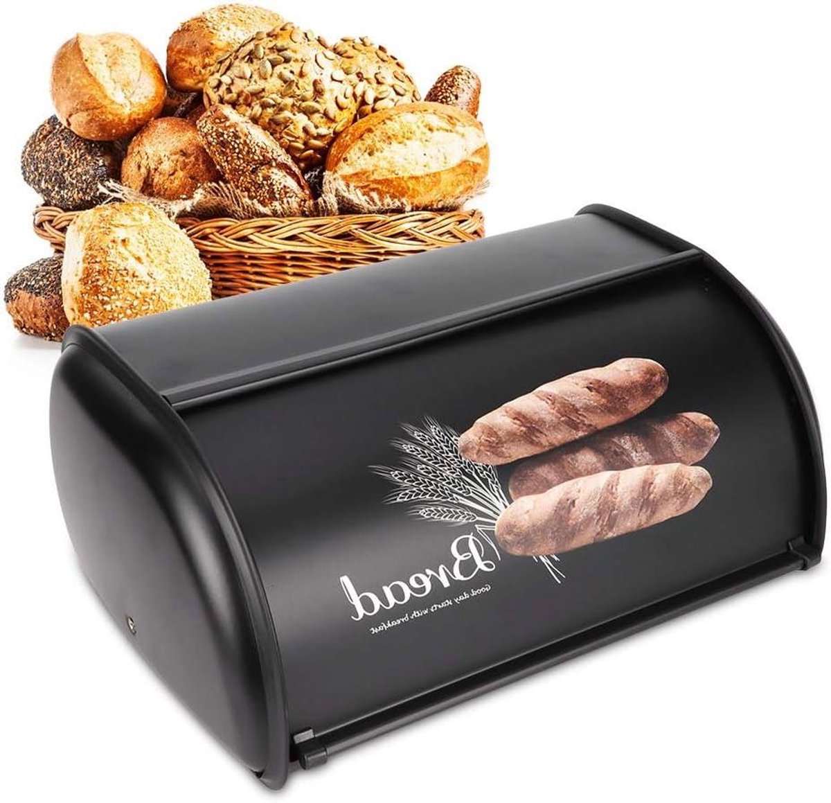 Broodtrommel met Houder en Grote Brooddozen - Organisator voor Broodmand - Zwart.