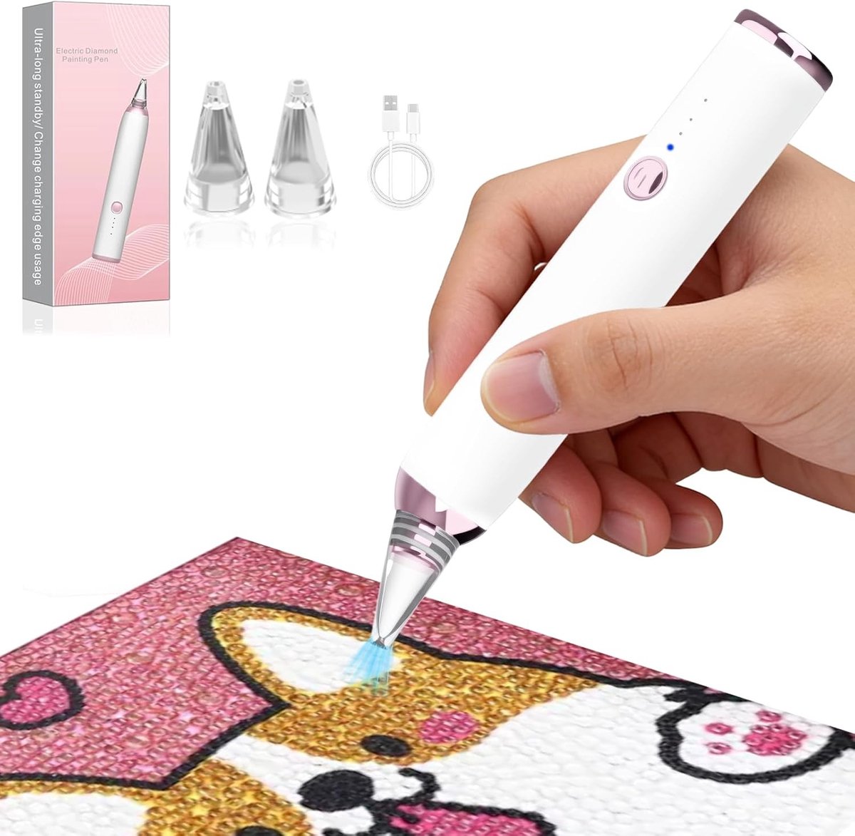 Elektrische Diamond Painting Pen - met 3 zuigstanden en Type-C snelladen - Dubbele nozzles voor ronde/vierkante diamanten - Geluidsarme werking - Ergonomisch ontwerp voor DIY Diamond Art beginners en liefhebbers