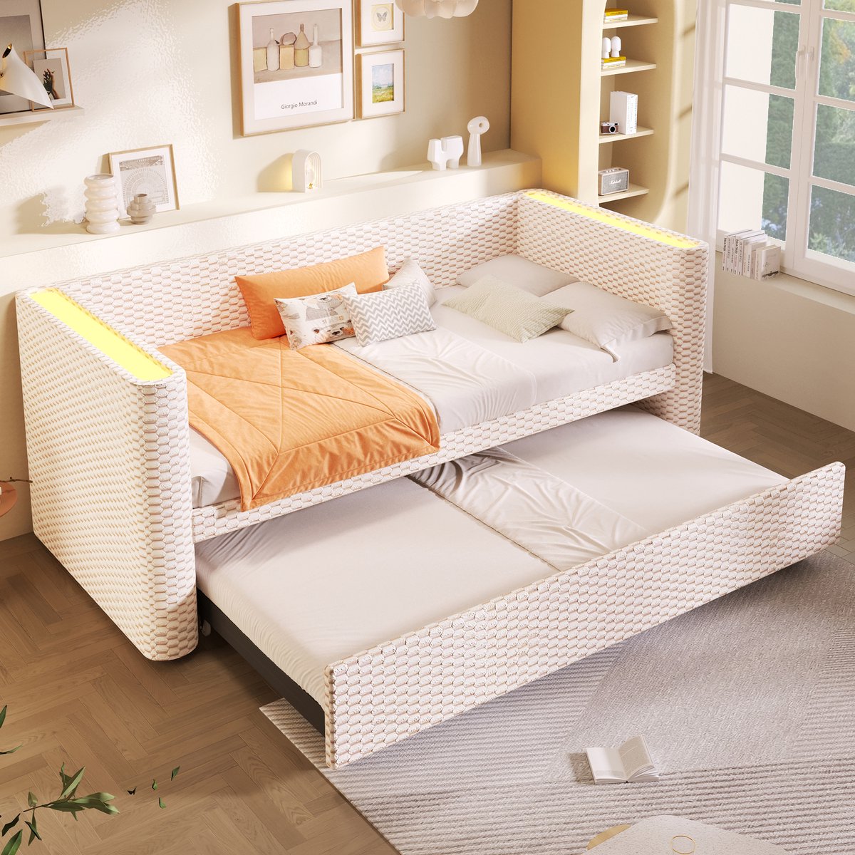 Merax Slaapbank 90 × 200 cm - 180 × 200 cm - met uittrekbaar bed - met LED-verlichting - zonder matras - beige