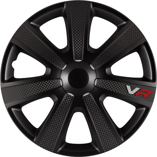 Zwarte 15 inch wieldop met carbon-look details en een rood VR-logo.