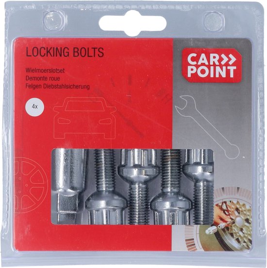Verpakking met "LOCKING BOLTS" en "WIELMOERSET". Bevat 4 wielbouten en 1 sleutel.
