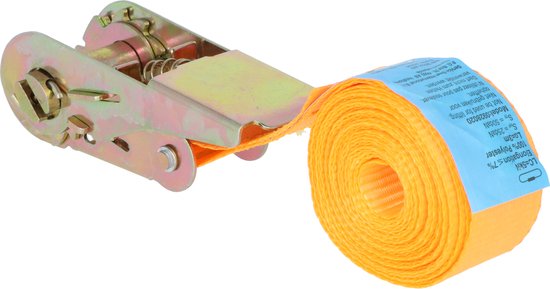 Oranje spanband met metalen ratelmechanisme.