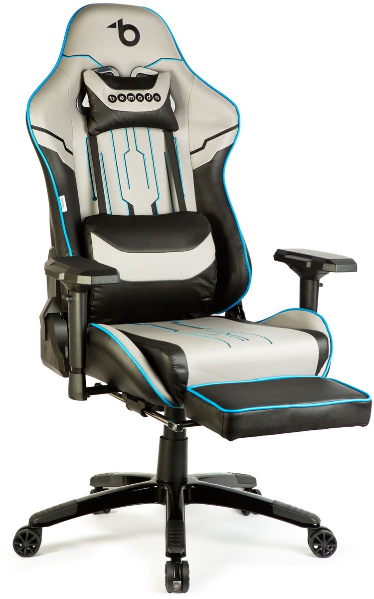 Gaming Stoel Met Kussens En Voetensteun – Ergonomische Bureaustoel Met 4D Armleuningen En Verstelbare Rugleuning 90–180° – In Hoogte Verstelbaar – Max. 150 Kg – Grijs/Zwart/Blauw [BMD1118A]
