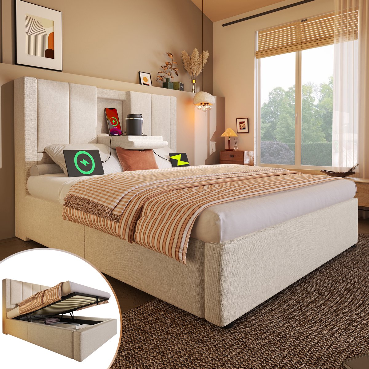 MIVRAY Gestoffeerd Bed 90x200cm - Eenpersoonsbed Met Verborgen Bekerhouder En Oplaadstatio