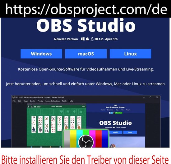 Schermopname van OBS Studio, met opties voor Windows, macOS en Linux. Toont een Solitaire-spel en een voorbeeld van de interface.