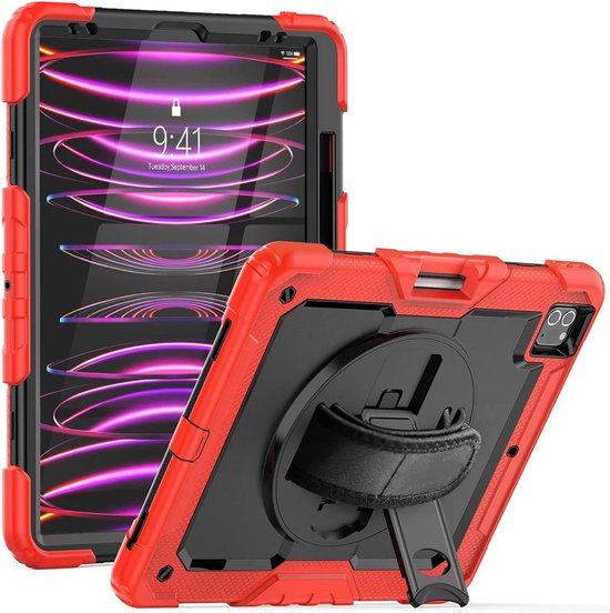 Étui avec protecteur d'écran intégré adapté à Apple iPad Pro 12.9 | Comprend une dragonne et une bandoulière rotatives à 360° | Protection extrême | Idéal pour une utilisation professionnelle | Rouge
