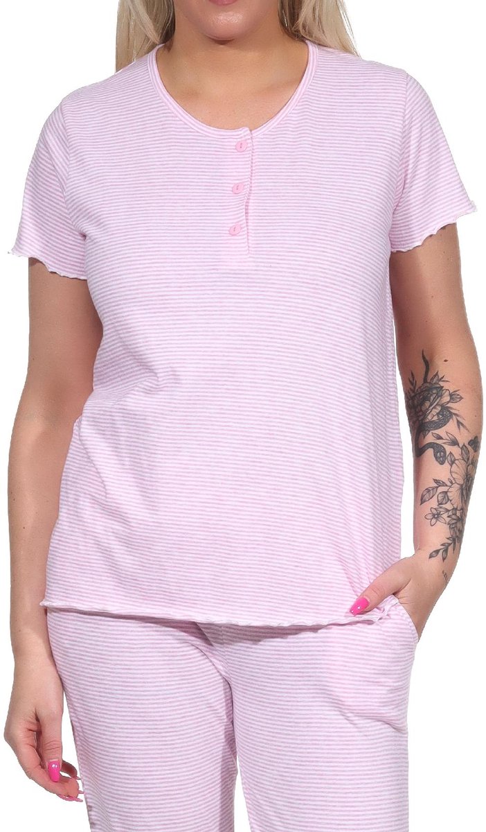 Normann Dames pyjama Top T-shirt met korte mouw mix & match in streepjes look - 122 220 90 903 rosa