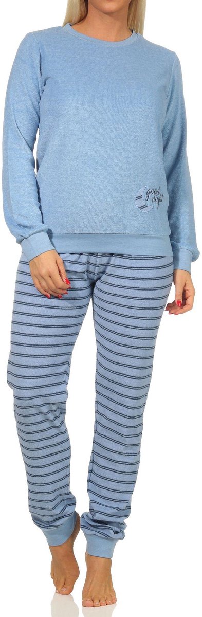 Normann Dames badstof pyjama met manchetten - gestreepte broek, topje met maanaanzet - 212 13 800 hellblau