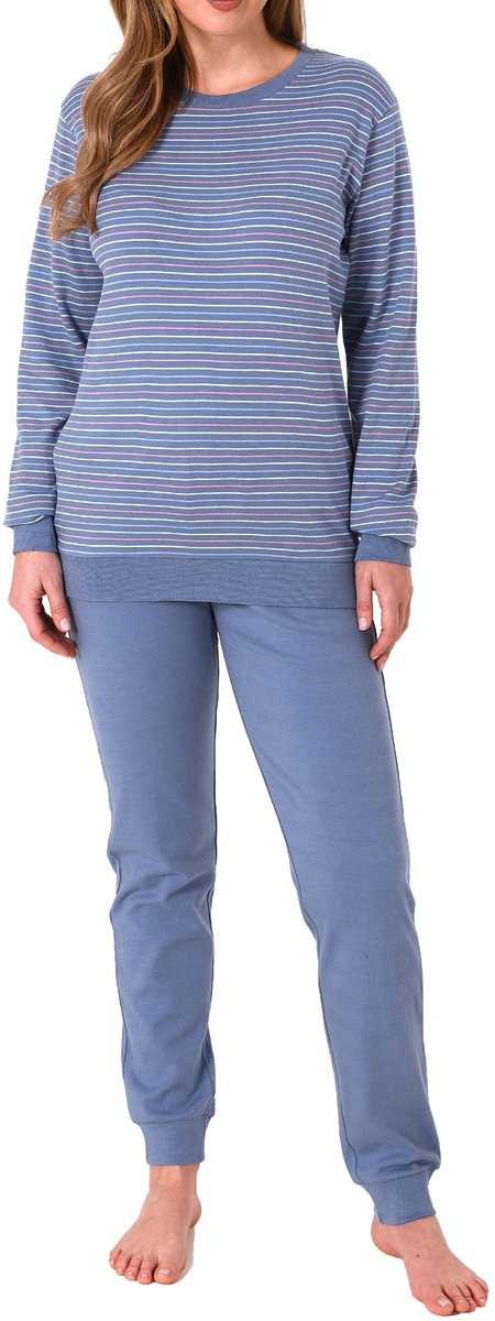 Normann Gemakkelijke interlock damespyjama met manchetten in streepjeslook - 212 201 225 blau