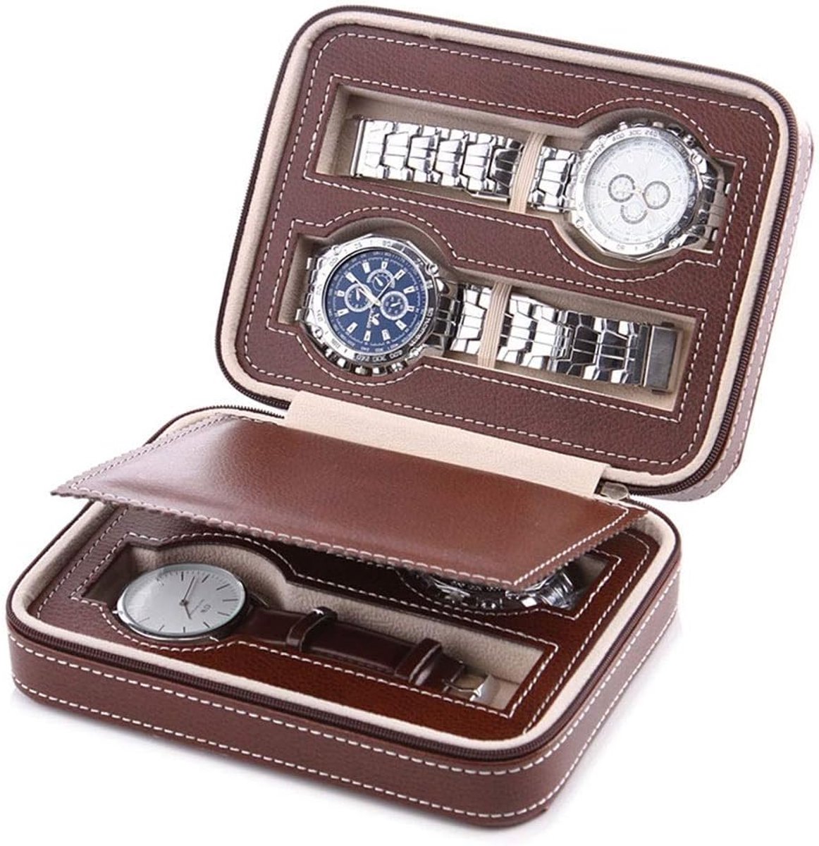 Draagbare horlogedoos met dubbele laag - ontwerp met 8 vakken - horloges opbergdoos - horlogepresentatiedoos - geschikt voor het opbergen van horloges, als reisdecoratie en voor het organiseren ervan. - 18 x 14 x 5.8cm - Bruin