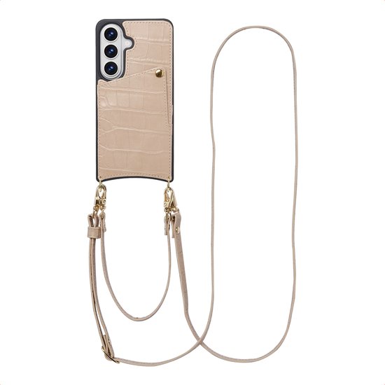 Samsung Galaxy S26 Hoesje Croco Print Beige met Koord, Afneembaar & Verstelbaar + Pashouder 2 Pasjes