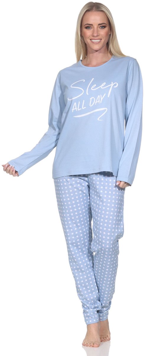 Normann damespyjama met lange mouwen, geruite pyjamabroek en print op de voorkant