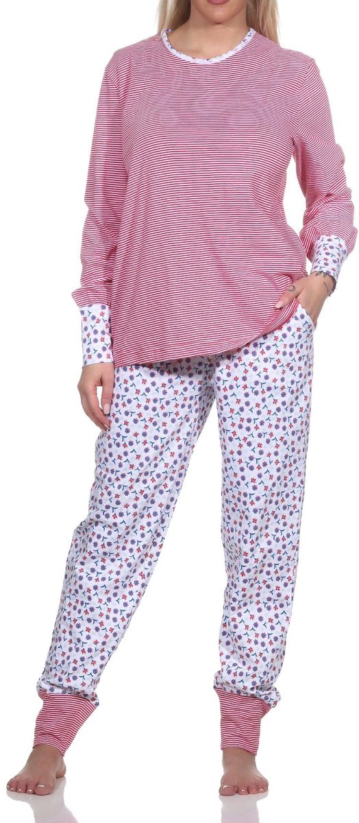 Normann Dames Pyjama Lange Mouwen met Manchet, Top Gestreept, Broek Bloemenbedrukt rot