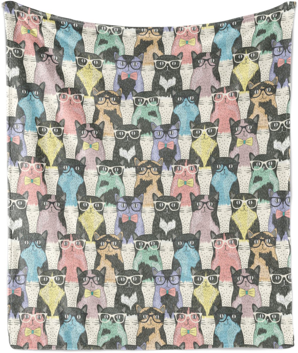 ABAKUHAUS Kattenprint Zachte Flanellen Fleece Deken, Hipster Speels Glas, Gezellige Pluche Plaid, 125 x 175 cm, Veelkleurige Lichte Kleuren
