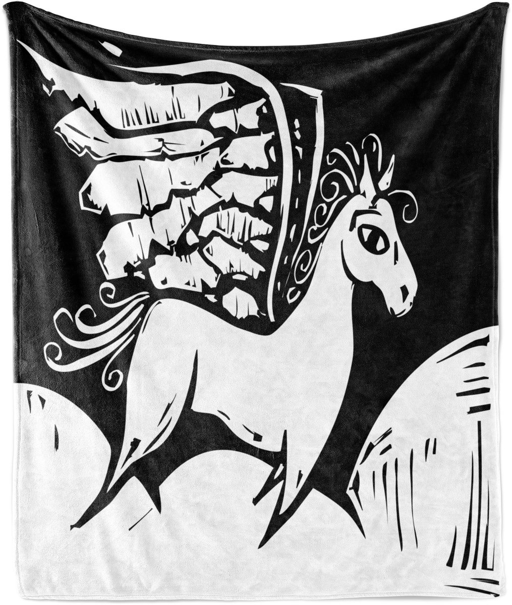 ABAKUHAUS Art Zachte Flanellen Fleece Deken, Monochroom Pegasus Paard, Gezellige Pluche Plaid, 125 x 175 cm, Houtskoolgrijs en Wit