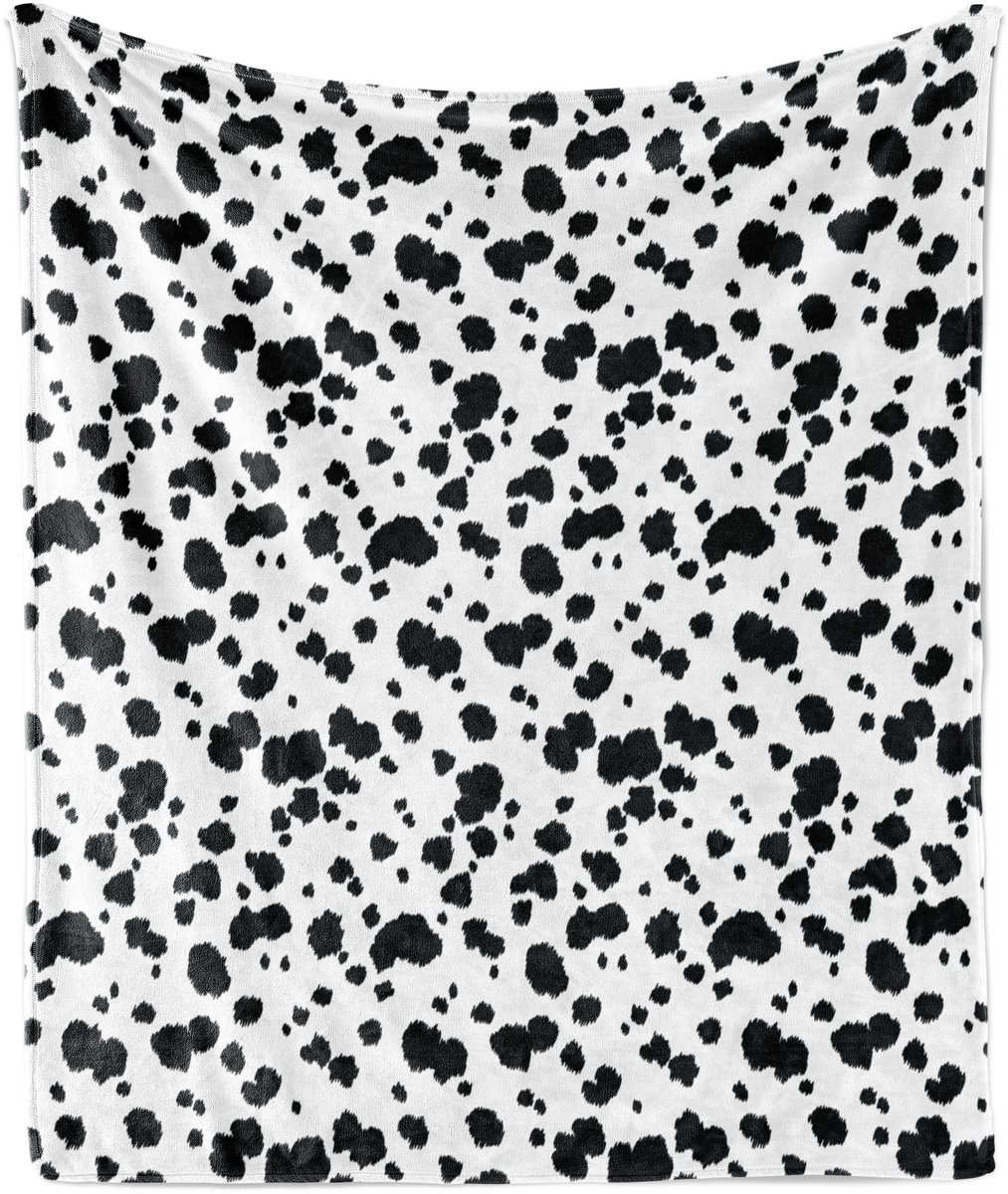 ABAKUHAUS Zachte flanellen fleece deken met dierenprint, dalmatiërmotief, knusse pluche plaid, 125 x 175 cm, wit en zwart