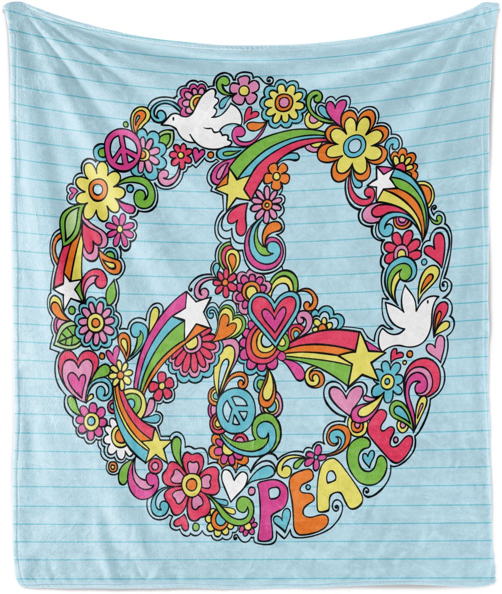 ABAKUHAUS Hippie Zachte Flanellen Fleece Deken, Bloemenprint Vredesteken Duif, Gezellige Pluche Plaid, 175 x 230 cm, Babyblauw