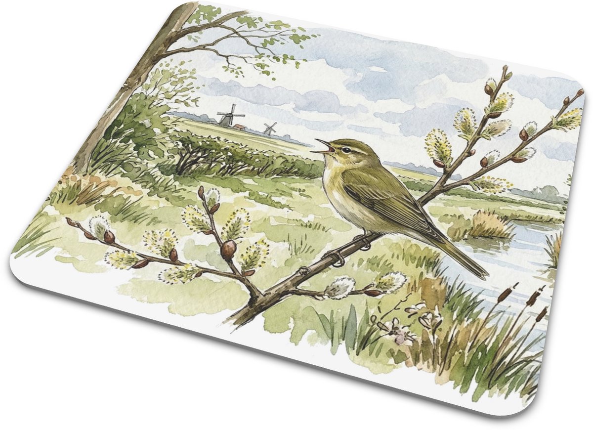 Muismat Vogel Tjiftjaf op Wilgentak - Zangvogel "Aquarel Series" Illustratie met Katjes & Molens - Cadeau voor haar: Vrouw, Vriendin & Collega - Lente Bureau Decoratie - Mousepad Kleine Vogels Natuur - Kantoor Accessoires Zomer
