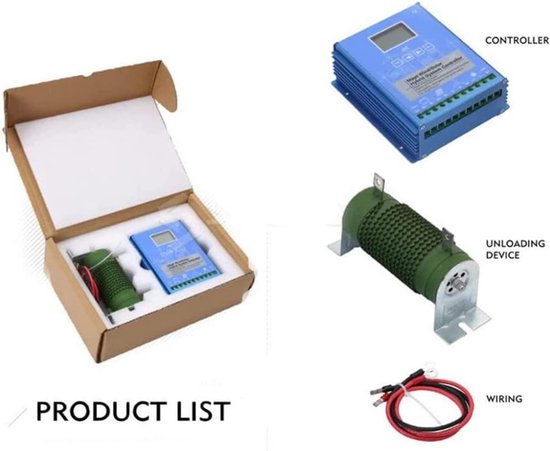Productlijst van een hybride laadregelaar met een controller, ontladingsweerstand en bedrading in verpakking.